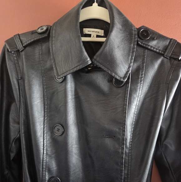 Max Studio Black Faux Leather Long Trench Coat Belted Matrix Style Size S - Picture 6 of 13